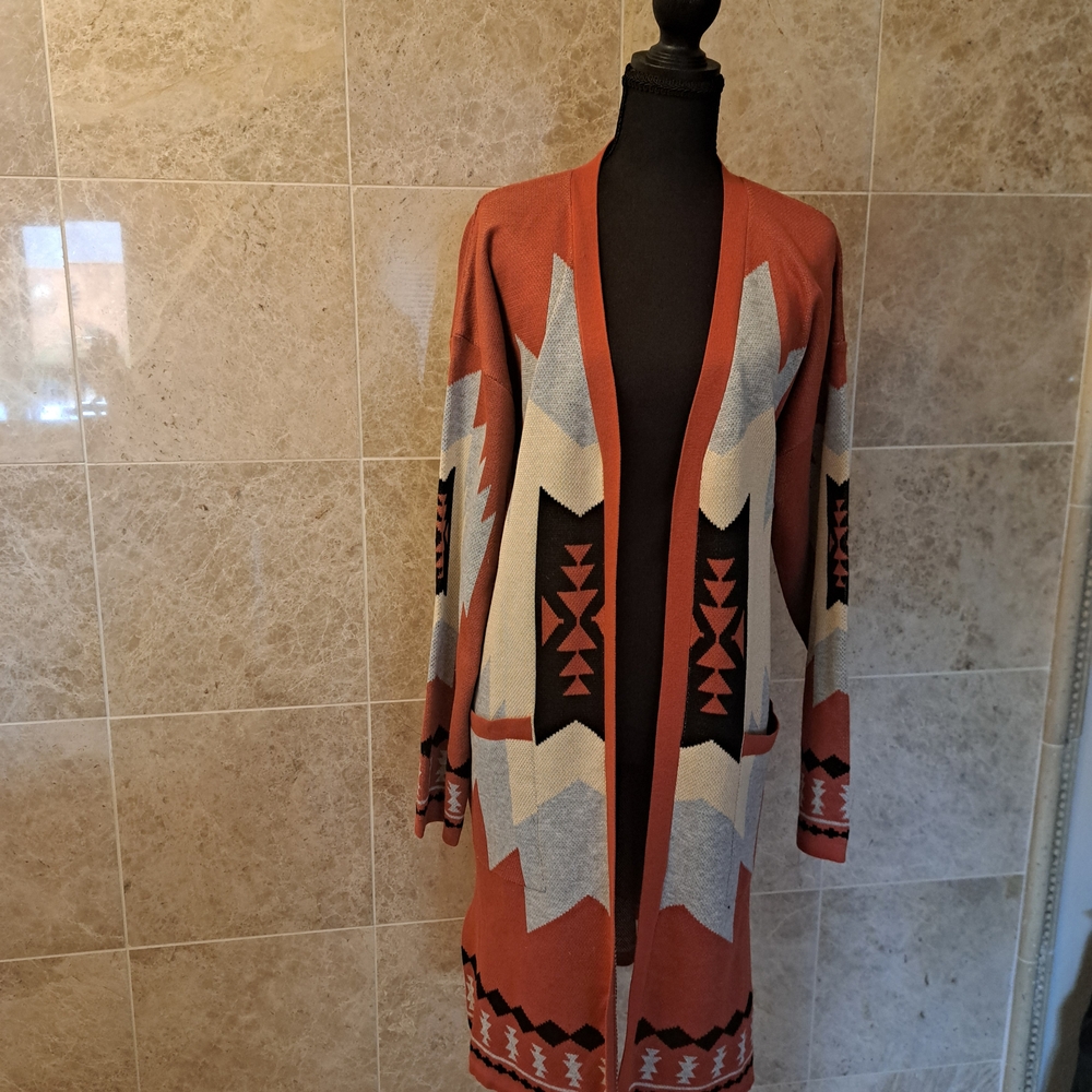 Geometric Patterned Open Front Cardigan
